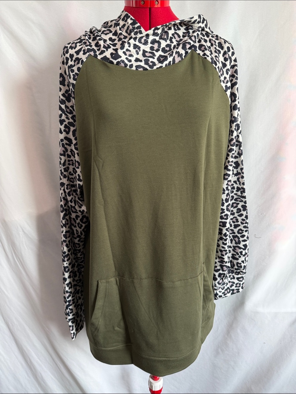 Olive Green Hoodie with Black & White Leopard Raglan Sleeves
